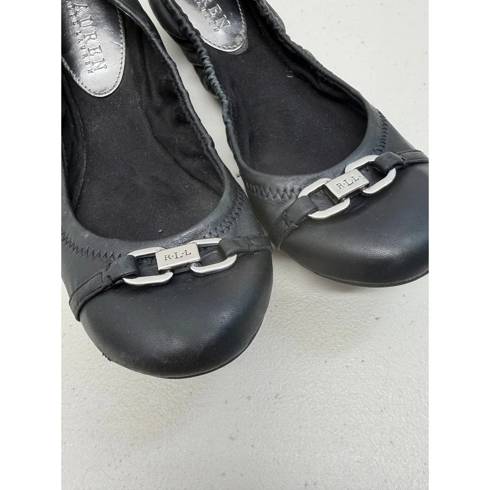 Ralph Lauren Jayna Black Leather Ballet Flats Silver Logo Buckle 7.5 B